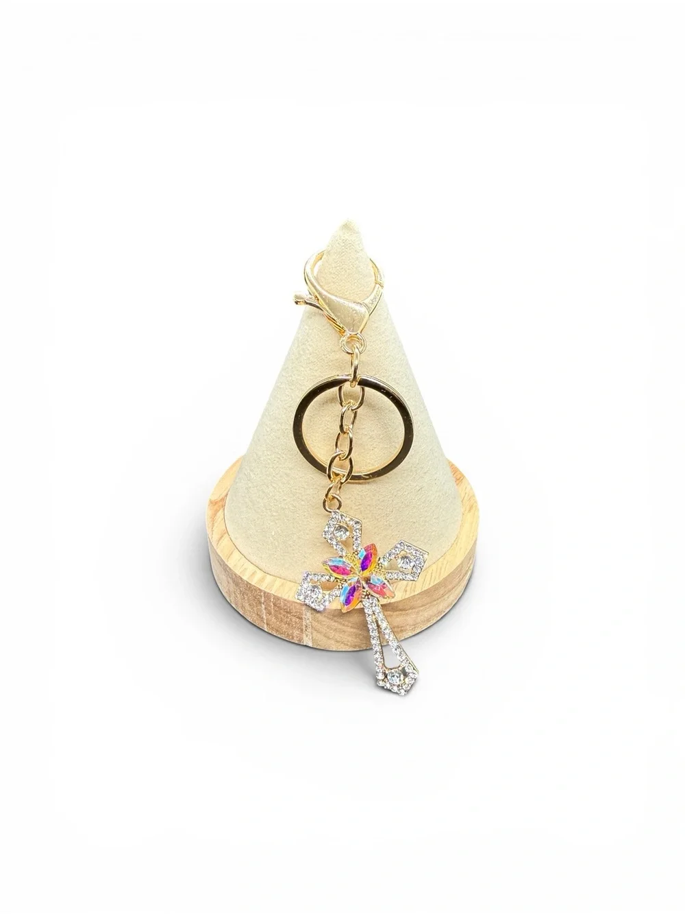✝️Gold-Tone Crystal Cross w/Iridescent Flower Keychain/Bag Charm/NWOT✝️